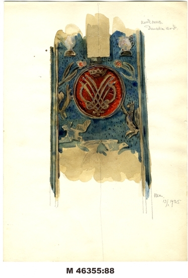 Akvarell på papper.
Detalj (kungligt monogram ?) i blått, rött och brunt.