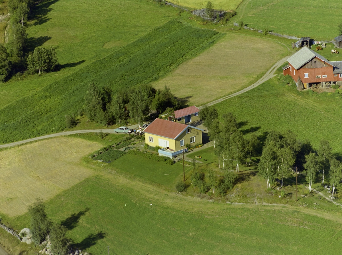 Østre Gausdal. Nytt gult vånigshus med bruksnavn Tuveng. Bak er det en gammel, rød driftsbygning, som hører til Skjerve.