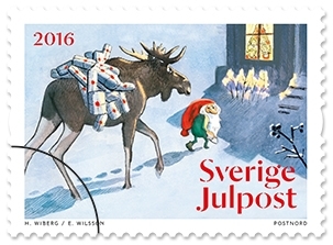 Julfrimärken i häfte, med tio frimärken med fem olika tomtemotiv. Valör 6 kr.