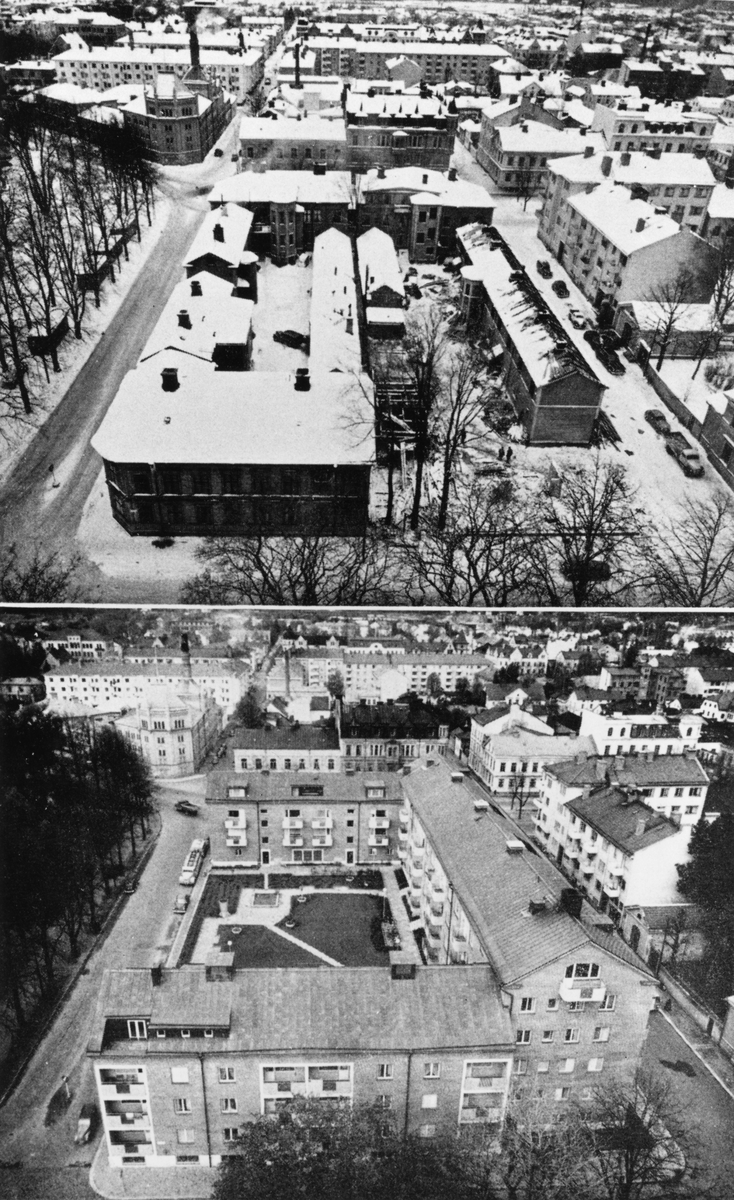 Kvarteret Skrivarn före och efter ombyggnaden.
