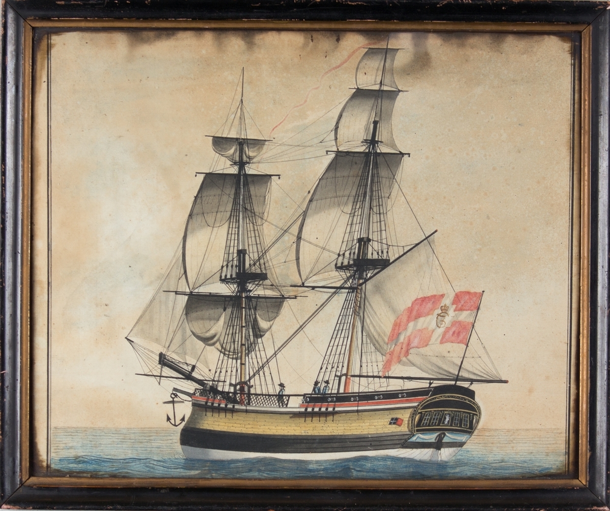 Skipsportrett av ukjent brigg på åpent hav med fulle seil. Dannebrog flagg med kong Christian VII monogram C7 akter.