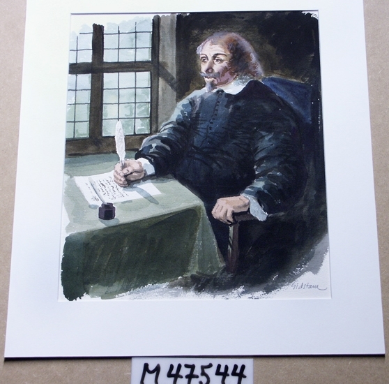 Akvarellmålning.
Motivet föreställer en svartklädd man i 1600-talskläder. 
Mannen har mustascher och pipskägg. Han sitter bakom ett bord 
med en grön duk. På bordet ligger ett papper och ett bläckhorn.