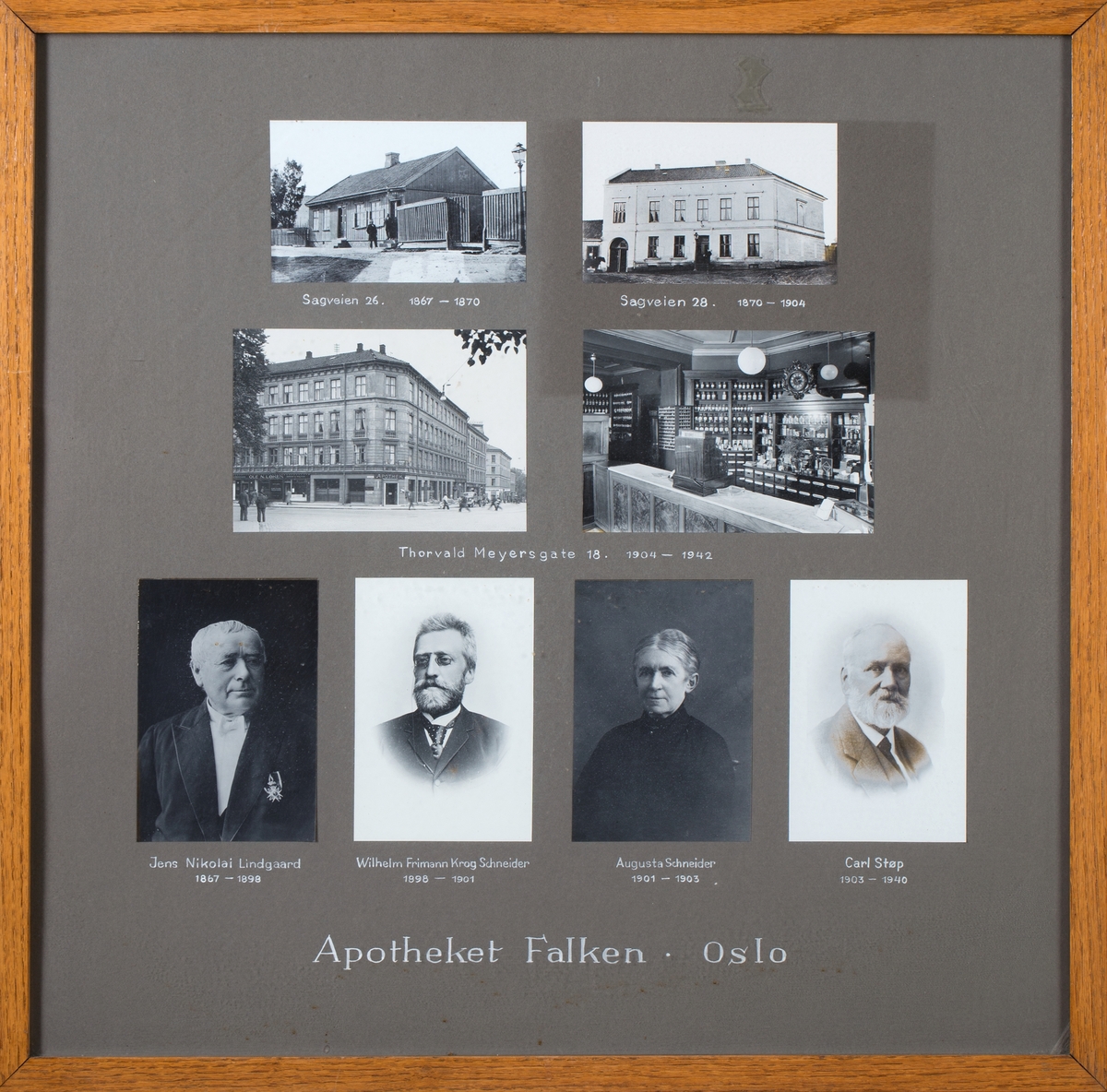 Tre gatebilder, et interiørbilde, 4 portretter relatert til historien til Apoteket Falken, Oslo