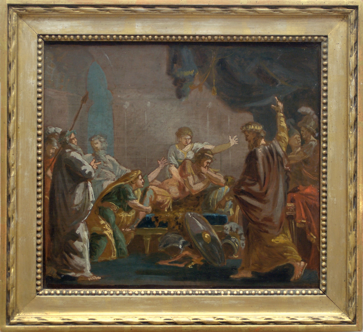 Målningen är en skiss till en mytologisk scen ur den grekiska hjälten Meleagers historia. En centralt uppbyggd figurscen enligt klassicistiskt mönster, med åtta gestalter agerande runt den döende hjälten i bildens mitt.