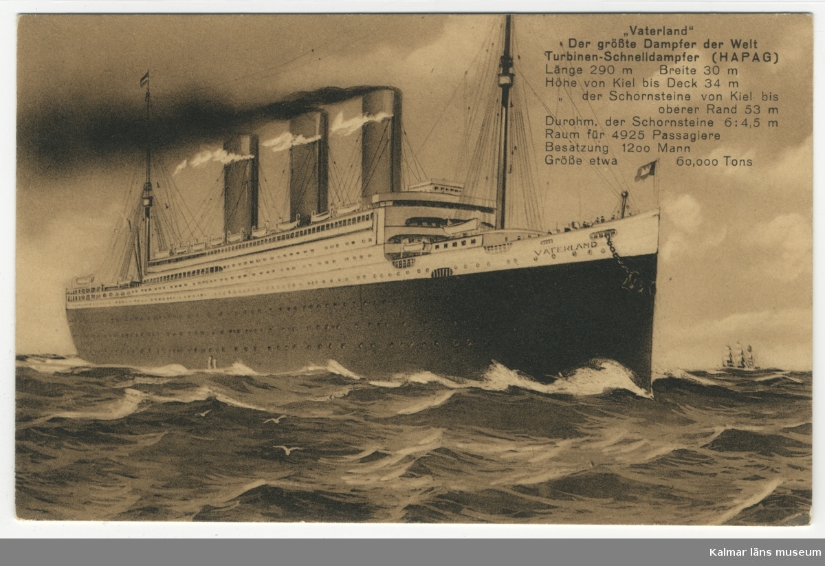 Fartyget Vaterland, 1914-1938, ångfartyg på Transatlantiklinjen, för det tyska rederiet Hapag. Blev kvar i USA redan 1914 på grund av första världskriget. 1917-1938 i USA under namnet Leviathan.
