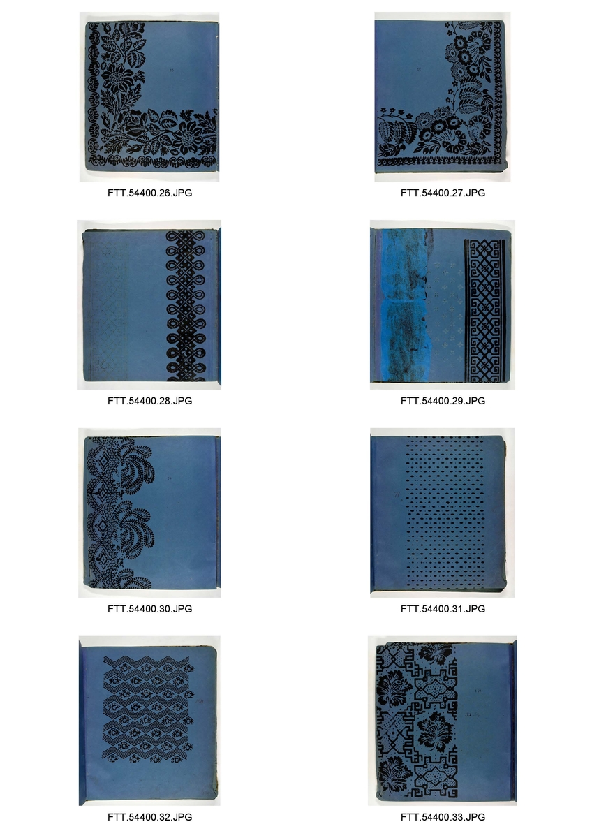 Bok med trykkblokkmønstre fra farver H. N. Schjølbergs arkiv.