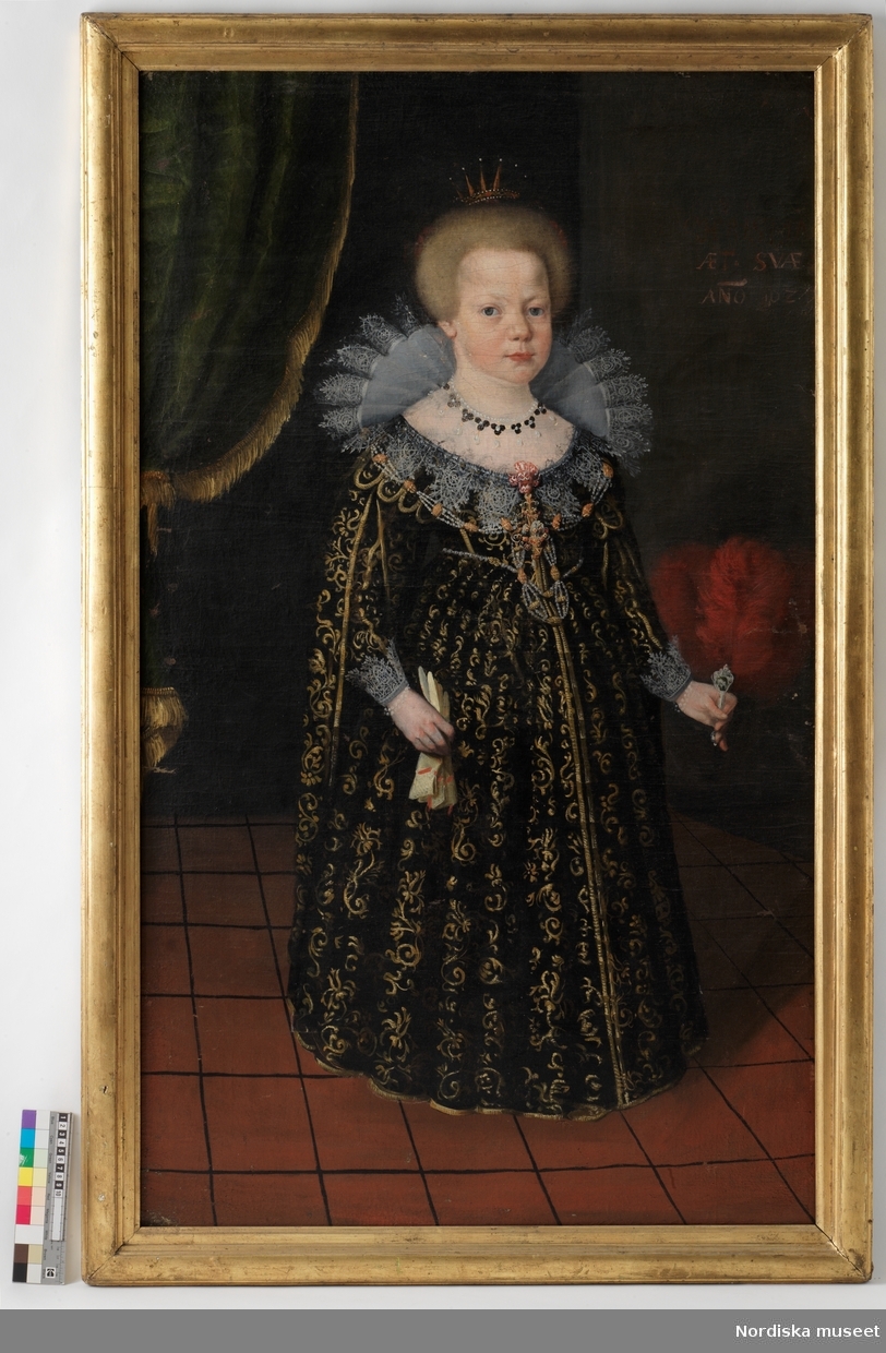 Porträtt av barn, möjligen drottning Kristina. Olja på duk, tillskriven J H Elbfas. Nordiska museets föremål inv.nr 77239.