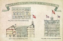 Trekkpapir med reklame (arkitekttegninger) for Folkets Hus. 