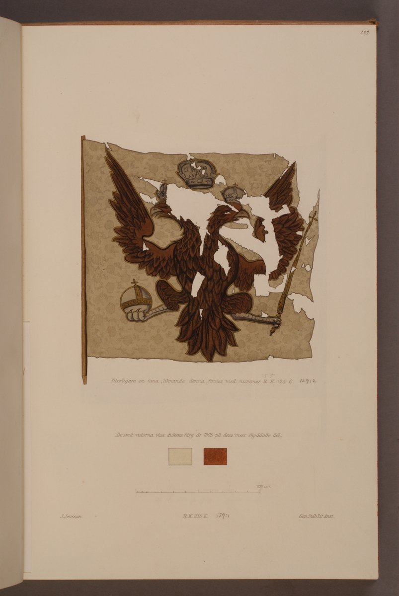 Avbildning i  gouache föreställande fälttecken taget som trofé av svenska armén. Den avbildade fanan finns bevarad i Armémuseums samling, för mer information, se relaterade objekt.
