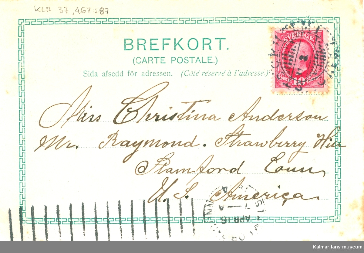 Ett vykort till Kristina Andersson, Stamford, Connecticut, USA.  Det är skrivet av Edvard Nilsson i Böda,