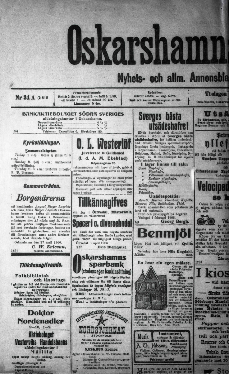 Detalj från annonssida i oskarshamnstidningen, datum 1-5-1906.
