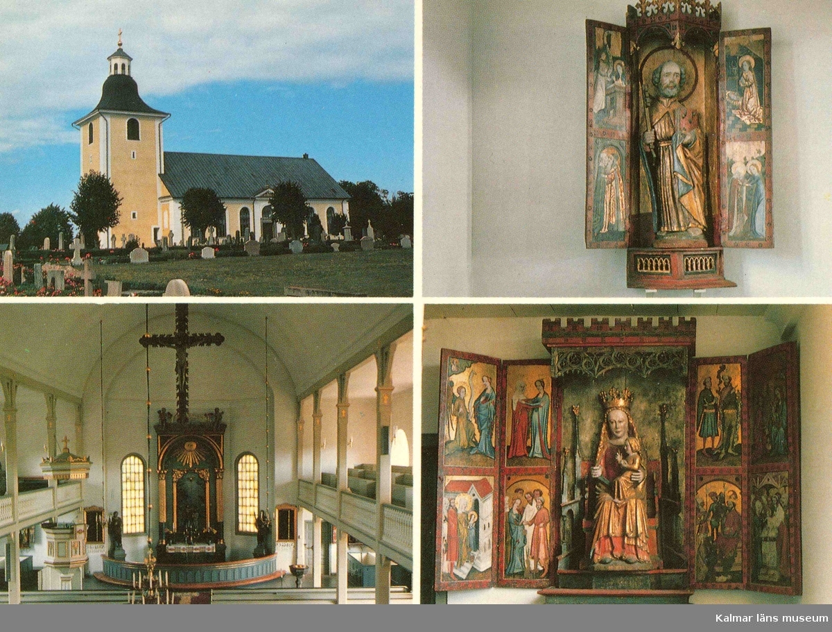 Vykort med interiör och exteriör från Högby kyrka.
Överst till höger ett helgonskåp med en bild av Sankt Petrus. Dörrarna har bilder som återger Jungfru Marias liv.