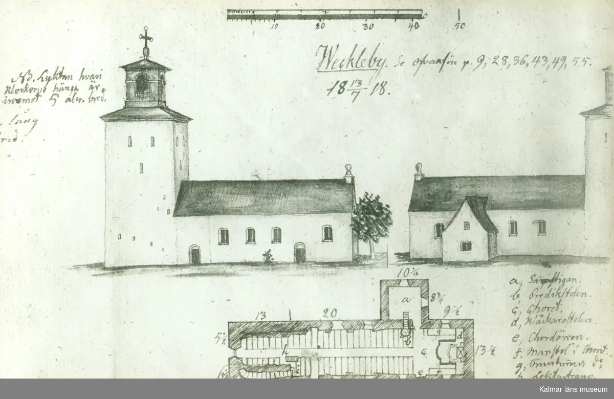 Teckning och planritning av Vickleby kyrka, daterad 13/7 1818.