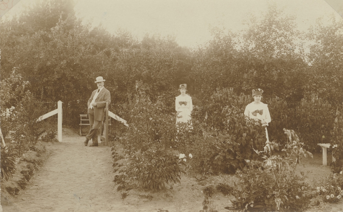 Pappa Karl Kullzén, tillsammas med tvillingdöttarna Signe och Rut Kullzén. Fadern född 22/1 1866 i Farhult, död 29/12 1928 i Kalmar. Fotografiet kan vara taget vid deras koloniträdgård i Tallhagen.
