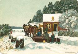 Malt vinterlandskap med brunt hus, tre og gjerder. Brei, fla