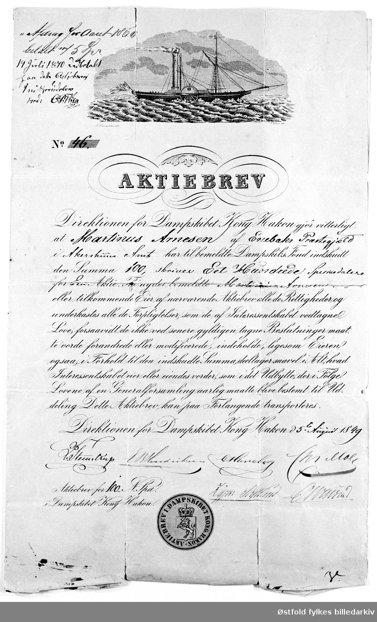 Akskjebrev i dampbåten "Kong Haakon" 1849. Litografi.