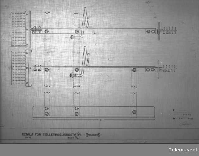 Tegning av telefonsentral, mellomkoblingstativ detalj, Stavanger sept 1914. Elektrisk Bureau.
