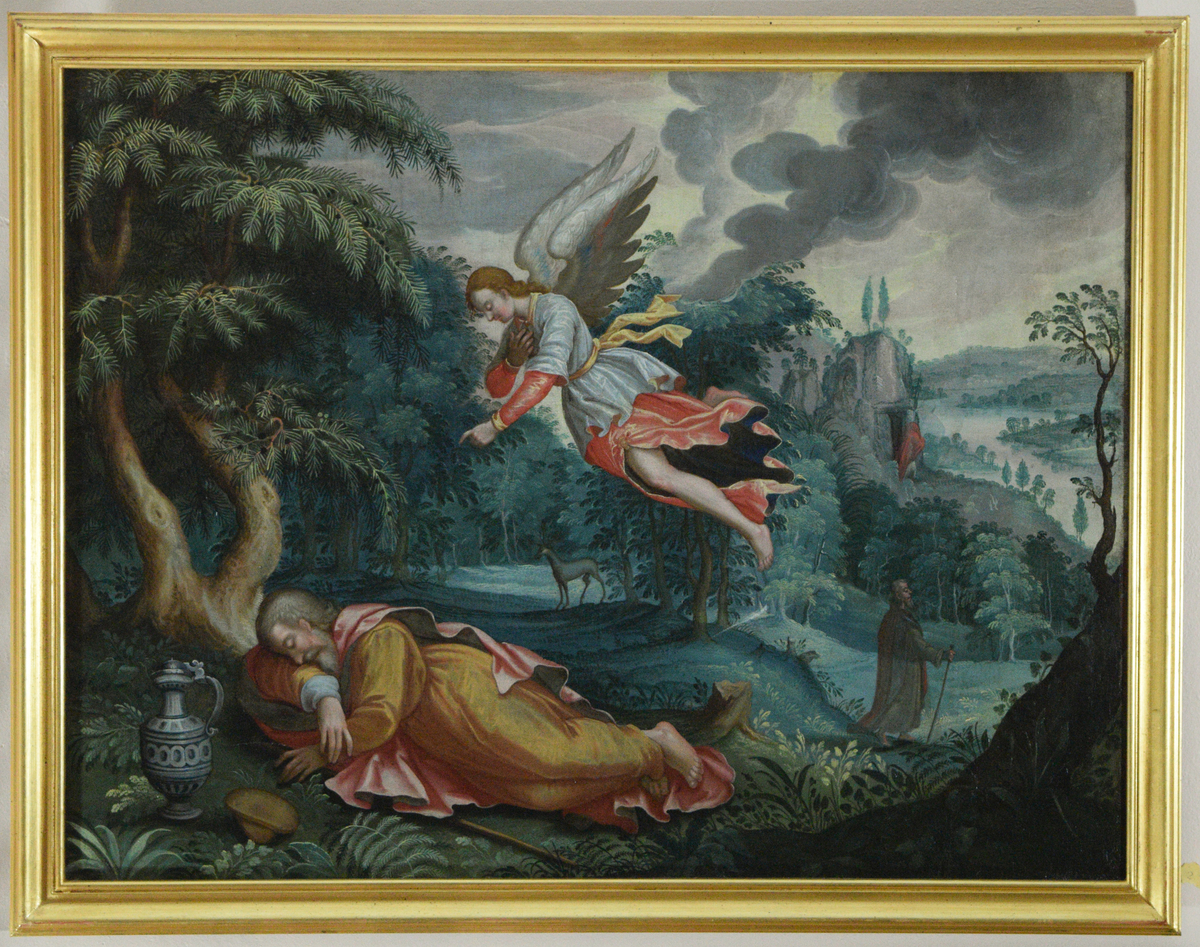 Frodig landskap med elvedal helt til høyre. I forgrunnen under flyvende engel en sovende mannsfigur ved en drikkekanne og et brød(?). I mellomgrunnen til høyre to figurer, den bakerste av dem foran en antatt hule.