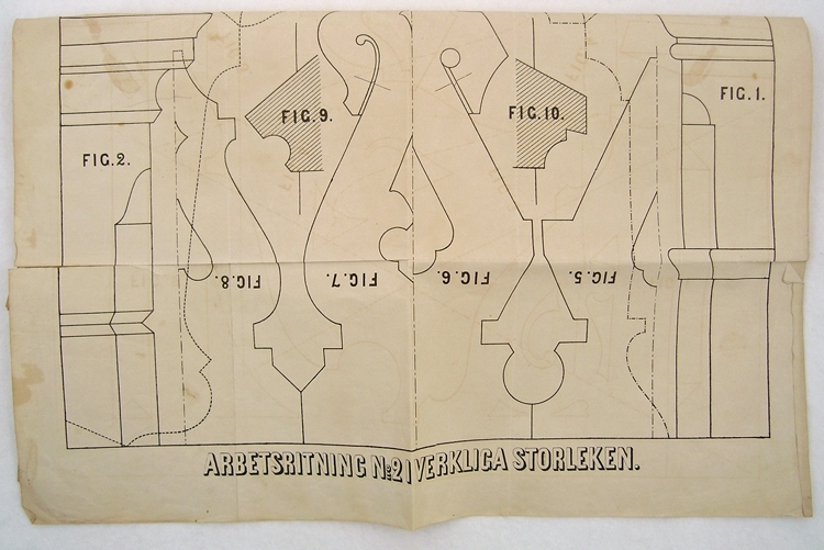 Enl. liggare:
"Mall i papp, olika mönster, har använts i möbeltillverkning.