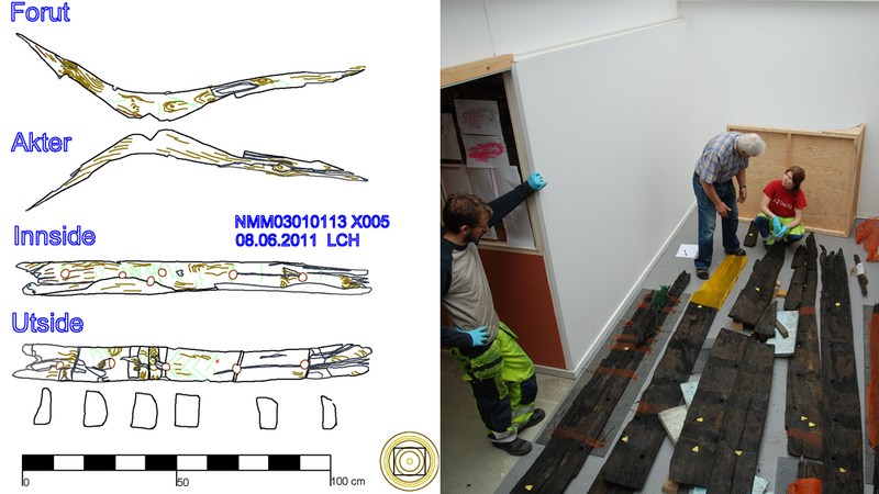 Båtdelene studeres og dokumenteres med digitale tegnemetoder i 1:1 av arkeologer i dokumentasjonslaboratoriet (DokuLab’en) på NMM. (Foto/Photo)