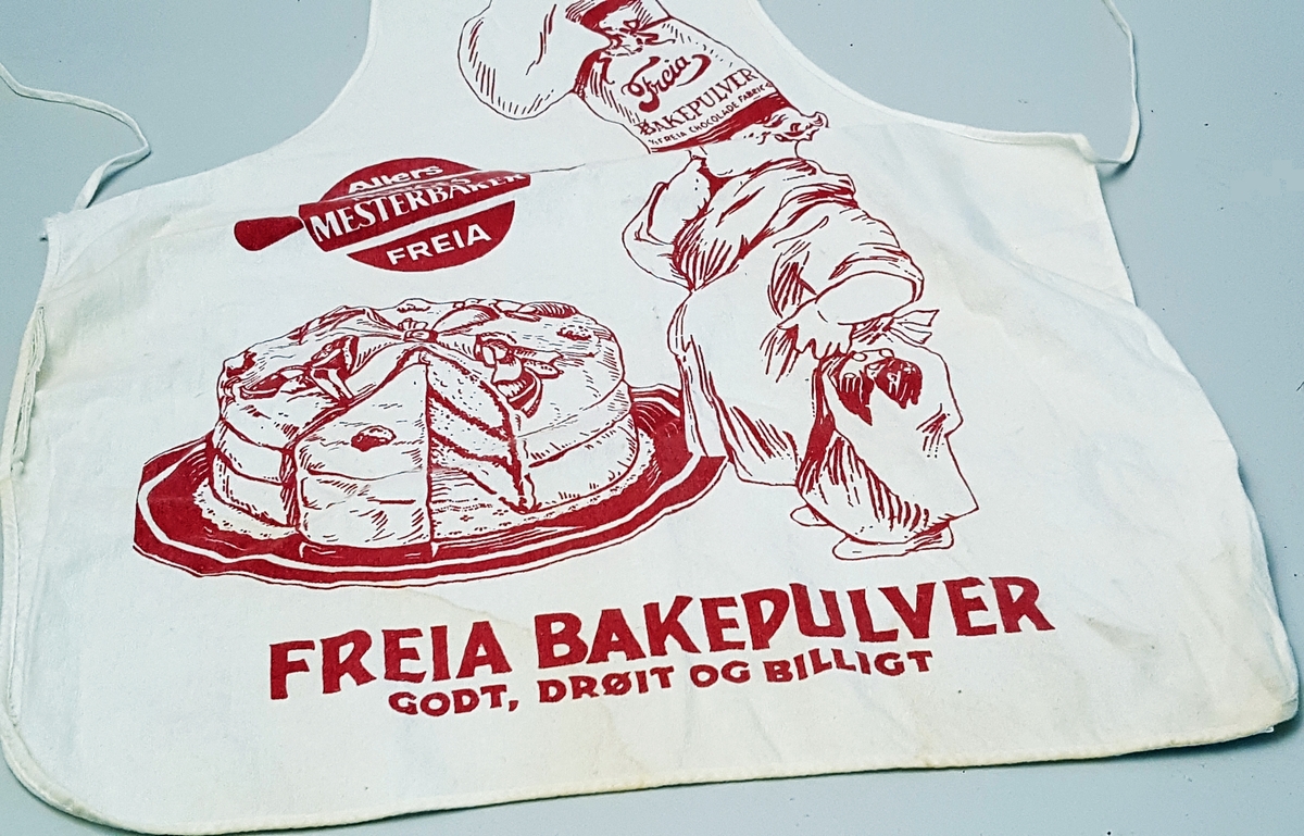Gamal reklamelogo for Freia (bakepulver): barn med kokkehue som ser på ei diger kake