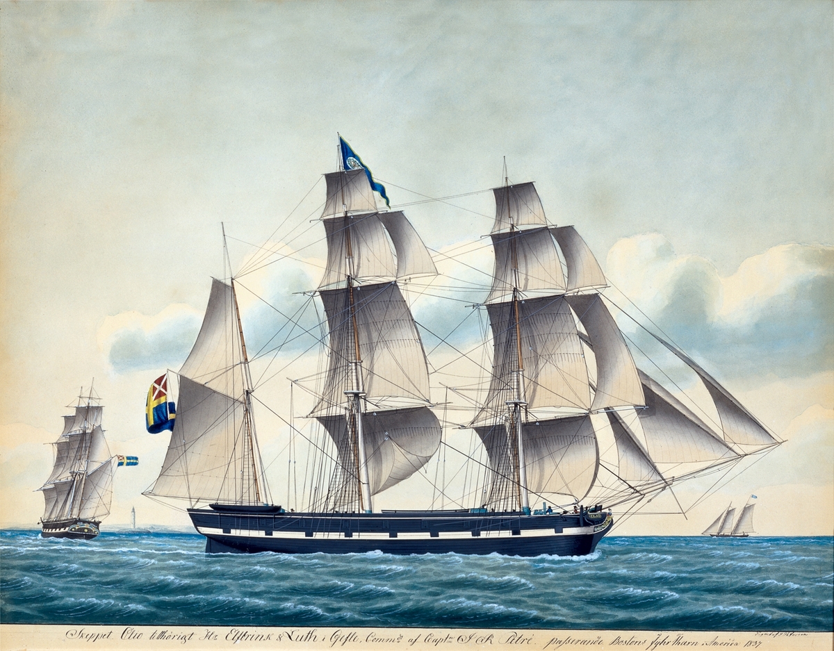 Fartygstavla, barkskeppet Clio, skeppet tillhört Elfbrink & Luth i Gefle. Akvarell inom glas och ram.