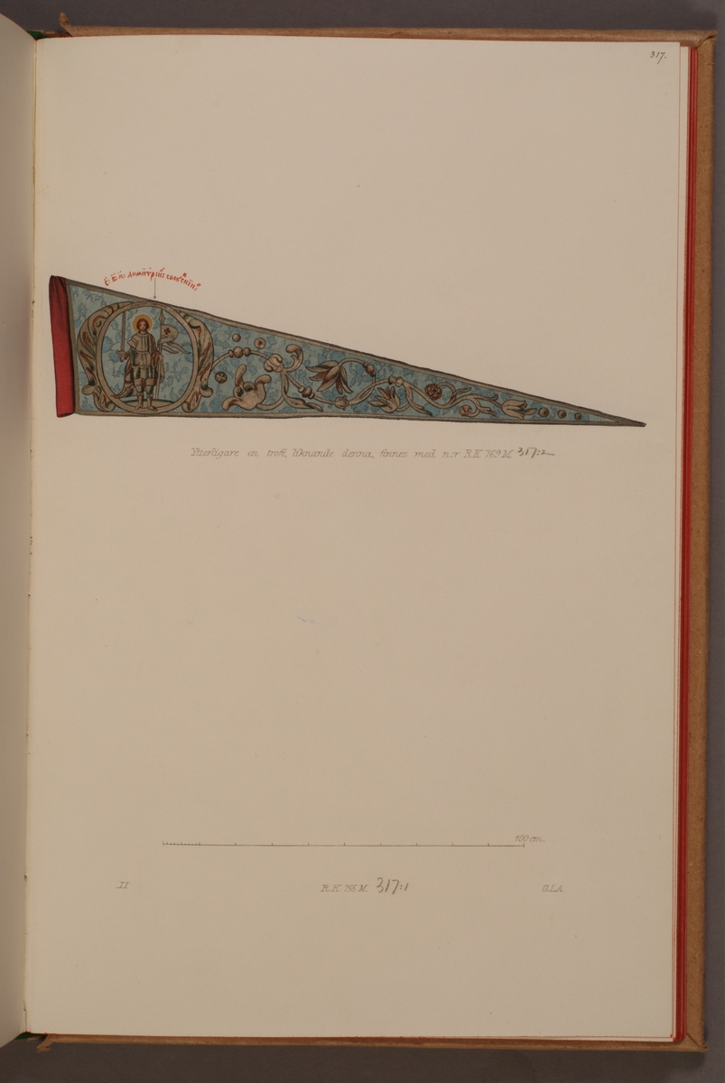 Avbildning i gouache föreställande fälttecken taget som trofé av svenska armén. Den avbildade vimpeln finns bevarad i Armémuseums samling, för mer information, se relaterade objekt.