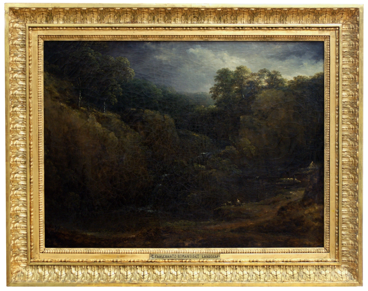 Acc.kat: Olja på duk, "Romantiskt landskap" av C. Fahlcrantz. Bergigt landskap med bäck, t.h. kvinna med får samt skjul.
Förgylld am.