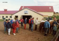 Norske ungdommer fotografert utenfor stallen på eiendommen S