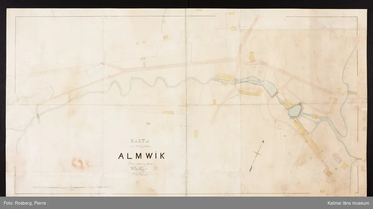 KLM 44604:3. Karta, av papper. Karta över lastageplatsen Almvik, Upprättad år 1876 af Wilh. Pleijel, StadsIngeniör. Skala: fot. Kartan visar Almviks tegelbruk med omgivningar.