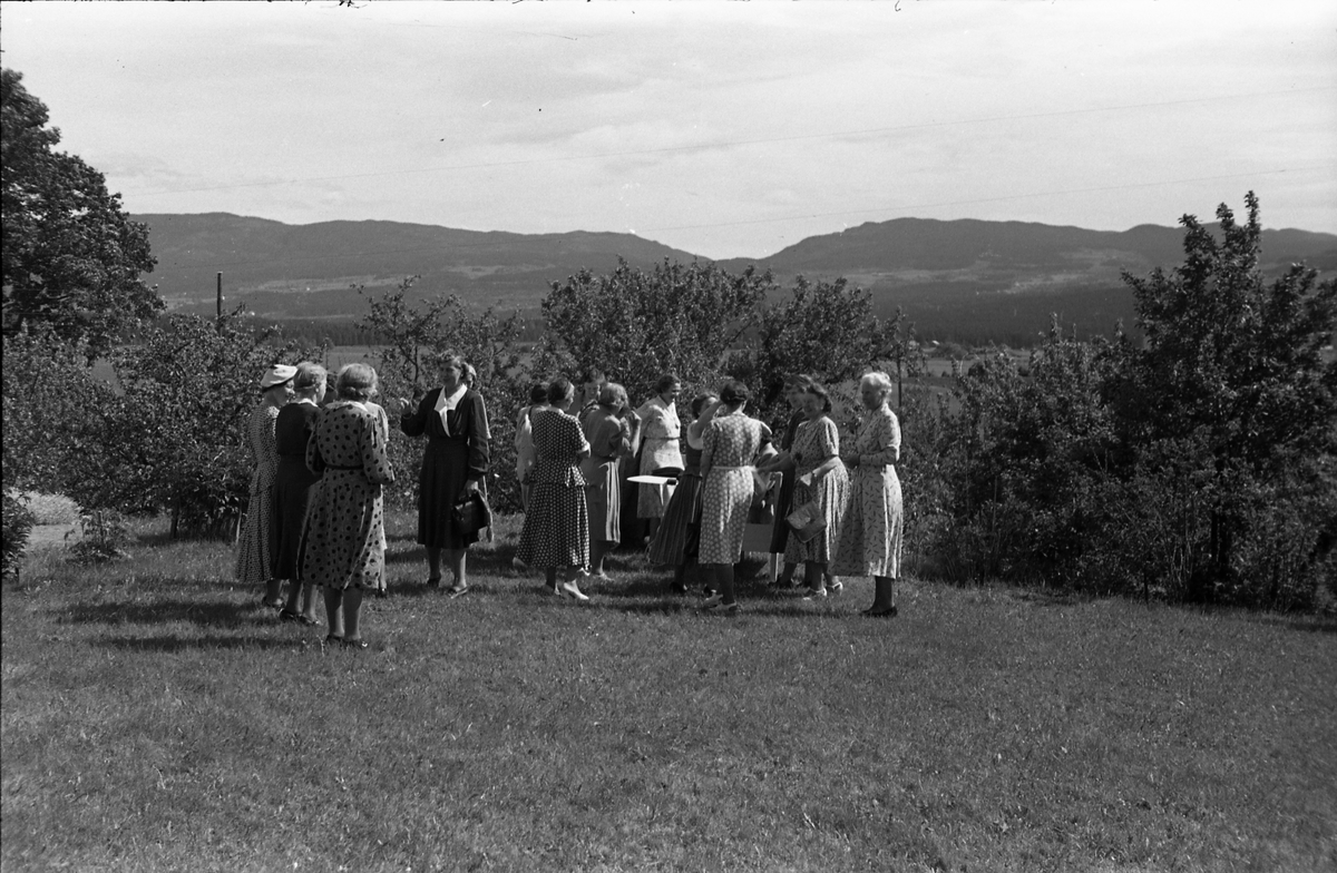 Fem bilder av en gruppe kvinner foran våningshuset og i hagen på gården Kraby østre i Østre Toten. Anledningen er muligens Borghild Nøklebys 60 års jubileum. På bilde nr. 1 står hun som nummer to fra høyre.