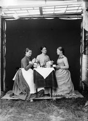 Tre unge kvinner i mønstrete kjoler. Dandert rundt et kaffeb