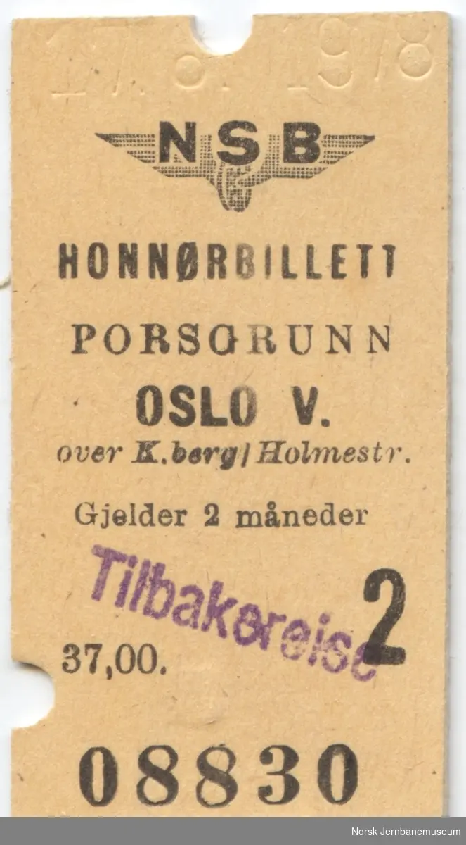 Billett Porsgrunn-Oslo V. 2. kl., honnørbillett
