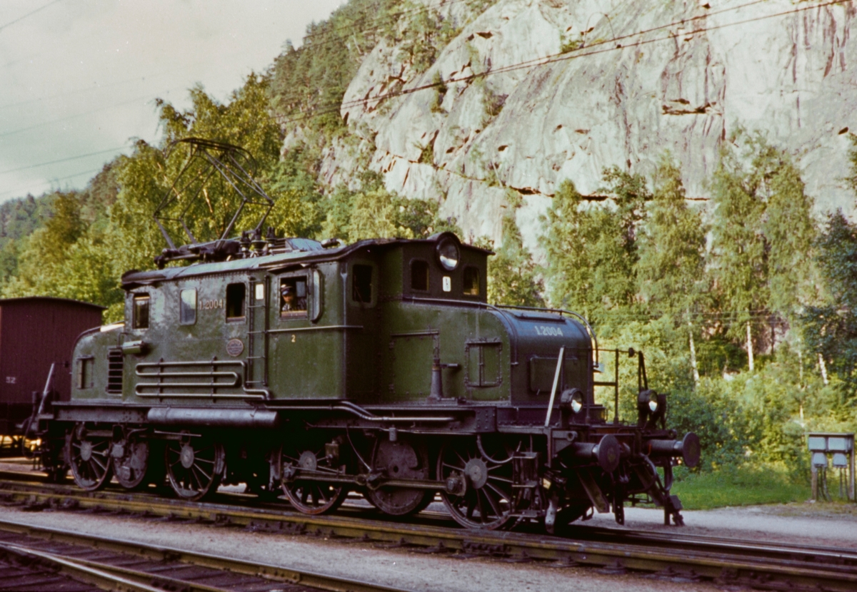 Godstog retning Kristiansand på Grovane stasjon. Toget trekkes av elektrisk lokomotiv type El 1 nr. 2004.