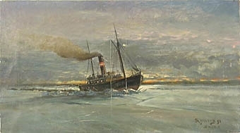 Enligt liggaren: Oljemålning av J.G.N. Ahlberg: Ångbåt, sign. Ahlberg 91 skizz.

Tillagt: 1844-1890 (Jacob Gideon, sjökapten)