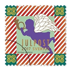 Frimärken i häfte med tio självhäftande frimärken med fem motiv av olika änglar.  Valör Julpost.