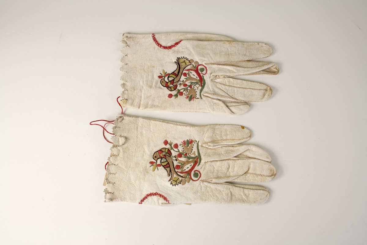 Handskar av vitt skinn med broderier som föreställer en fågel på en gren. 
Över tummens söm dekorerat med korsstygn i rött. Flikigt avslut mot handleden.