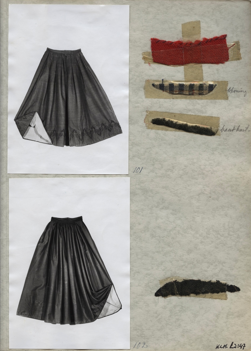 Kartongark med två fotografier och tygprover till kjolar.