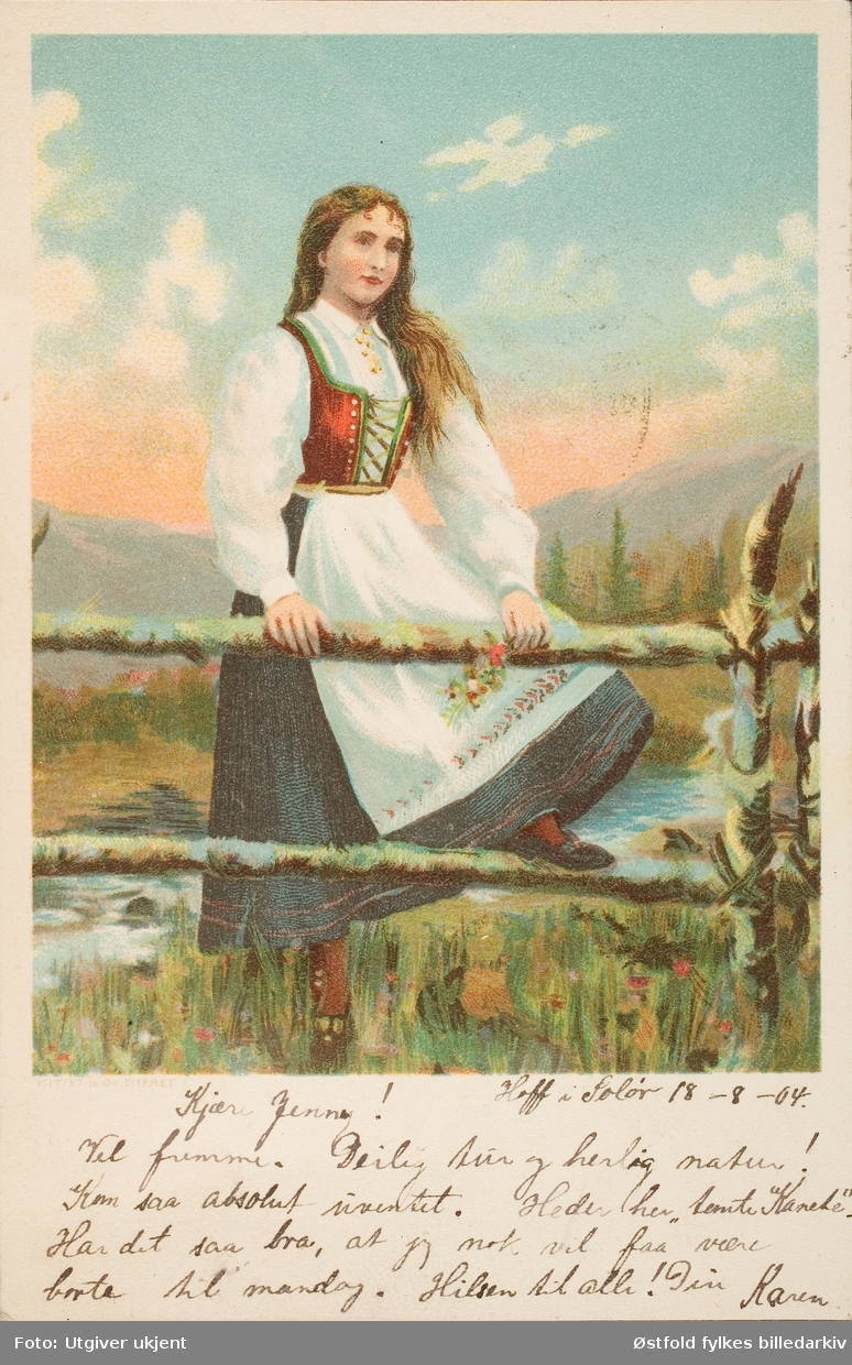 Postkort håndkolorert, tegning,  motiv ung pike i bunad. Poststemplet 1904.