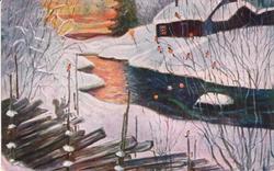 Julekort. Tegning. Vinterlandskap med elv og dompap. Postste