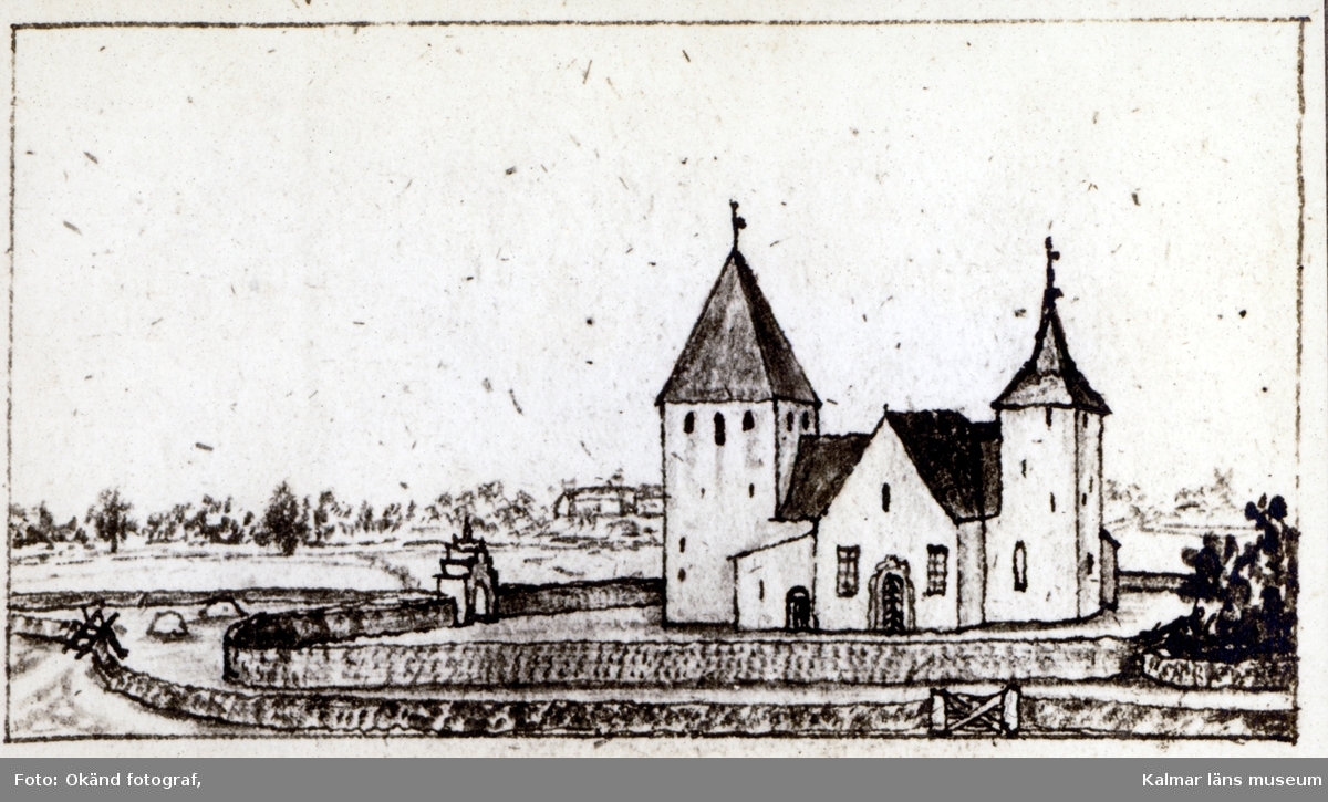 Teckning av Persnäs kyrka. Serie efter Rhezelius.