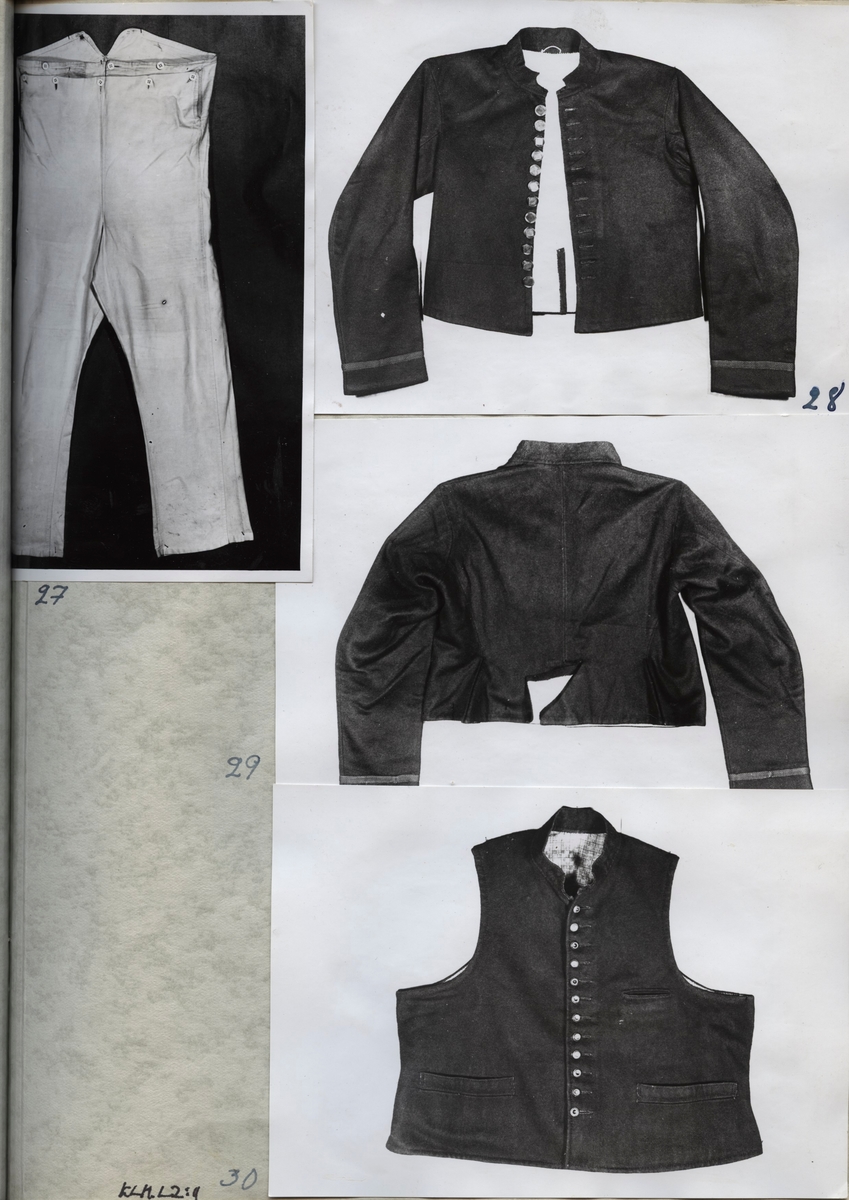 Kartongark med fyra fotografier av byxor, jacka och väst, söndags- och kyrkdräkt från Valleberga.