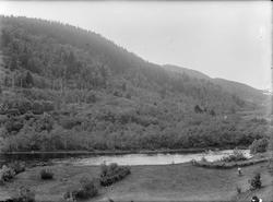 Parti fra Skjenalddalen. Kraftlinjer, elva og person nede ti