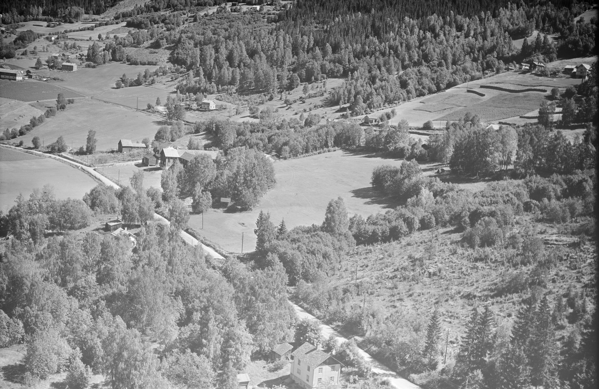 Kongsvegen sør for Tretten med Holmen gård i bakgrunnen. Huset i nedre ...