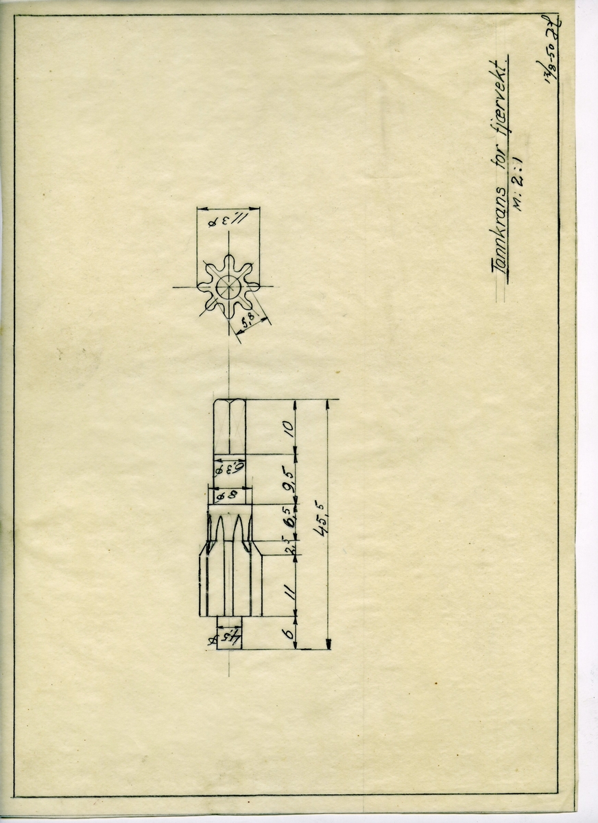 Håndtegnet arbeidstegning for tannkrans til fjærvekt, utarbeidet ved Krossen i 1950.