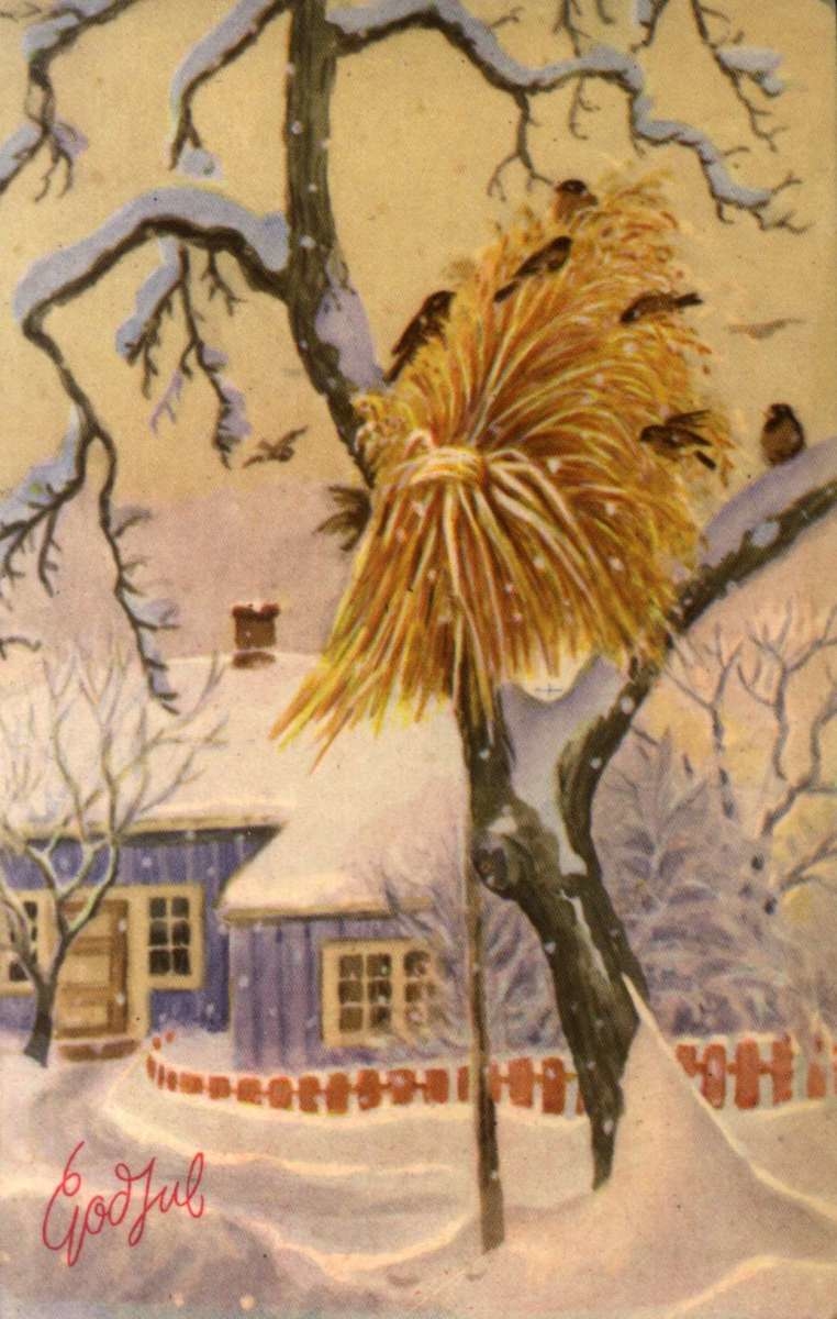 Julekort. Jule- og nyttårshilsen. Vintermotiv. Snødekt hus og hage. Tre med julenek. Fugler i neket. Stemplet 19.12.1950.
