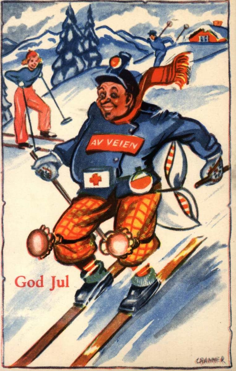 Julekort. Ubrukt. Vintermotiv. Skiløpere. En mann i full fart på ski med lykt, støtdempere og pute. Illustrert av Birger Cranner.