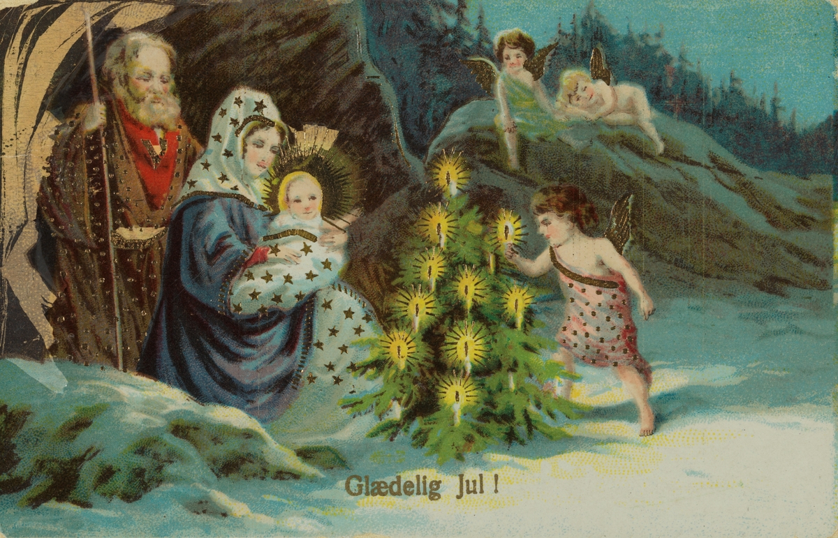Julekort. Jule-og nyttårshilsen. Josef og Maria med Jesusbarnet. Juletre med lys og tre engler. Gulldekor. Stemplet 22.12.1926.