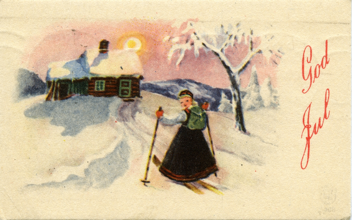 Julekort. Vinterlandskap. Jente i bunad, med sekk på ryggen, går på ski mot liten tømmerhytte. Stemplet 18.12.1946.
