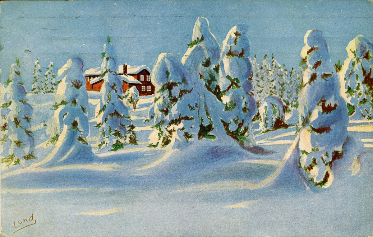 Julekort. Jule- og nyttårshilsen. En storgård ligger bak snødekte trær. Stemplet 24.12.1917. Illustrert av Lund.